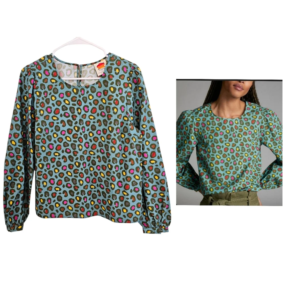 Farm Rio Hanya Puff Sleeve Multicolored Animal Print Blouse